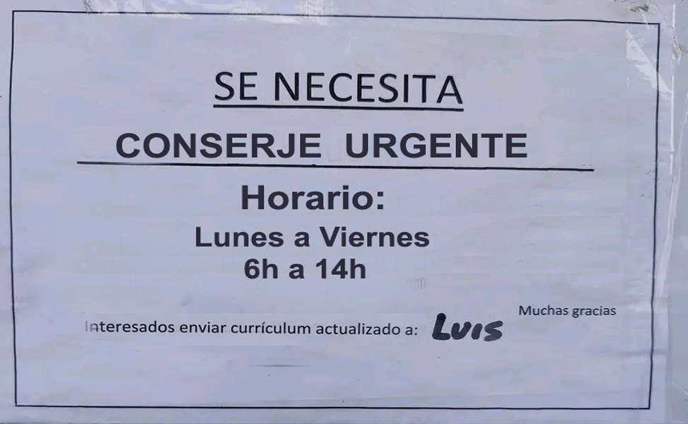 Se busca CONSERJE urgente para trabajar de Lunes a Viernes